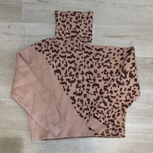 Leopard Print Turtleneck Sweater - Taupe and Brown
